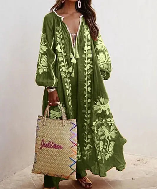 Vireous Floral Print A-Line Loose Dress, Spring and Autumn Collection