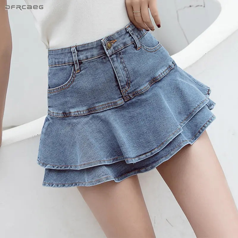 Vireous Chic Denim Combined Shorts-Skirt