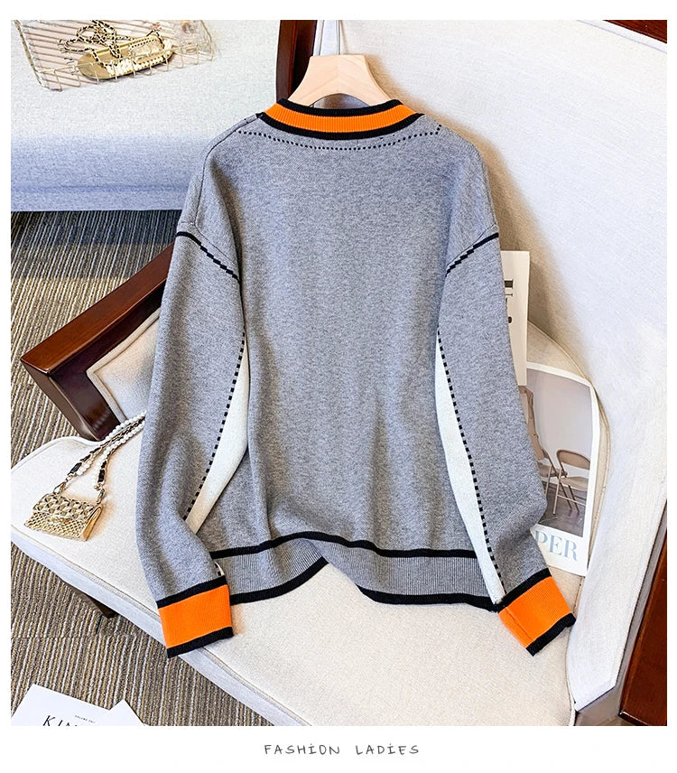 Vireous Women's Oversize Cardigan Sweater, Hermes Orange and Grey