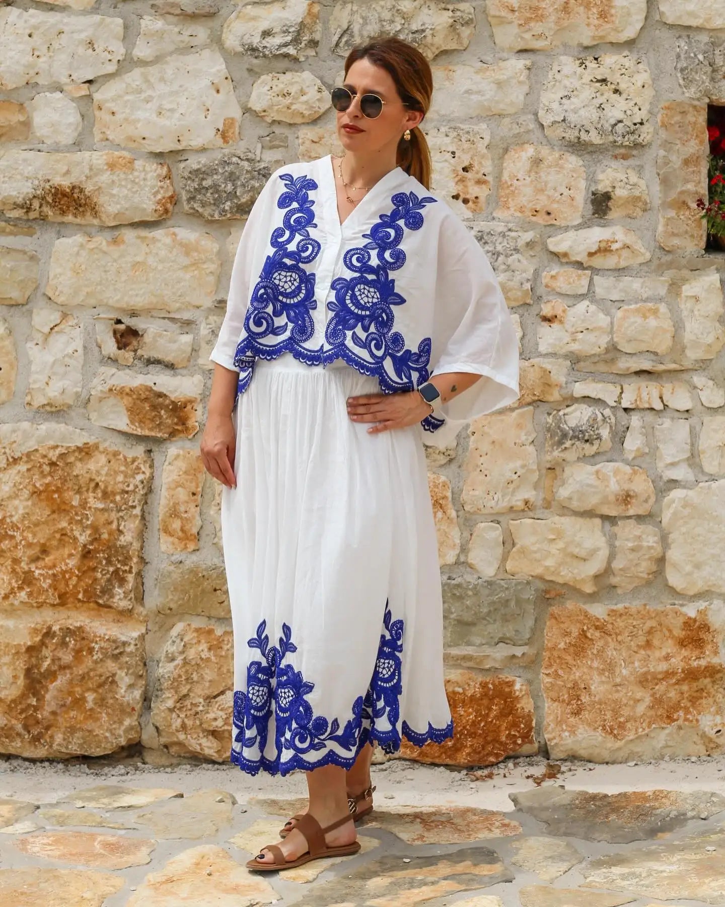 Bohemian-Style White and Blue Embroidered Two-Piece Women's Summer Set