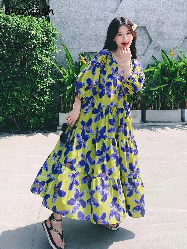 Vireous Elegant Floral Baggy Slouchy Dress