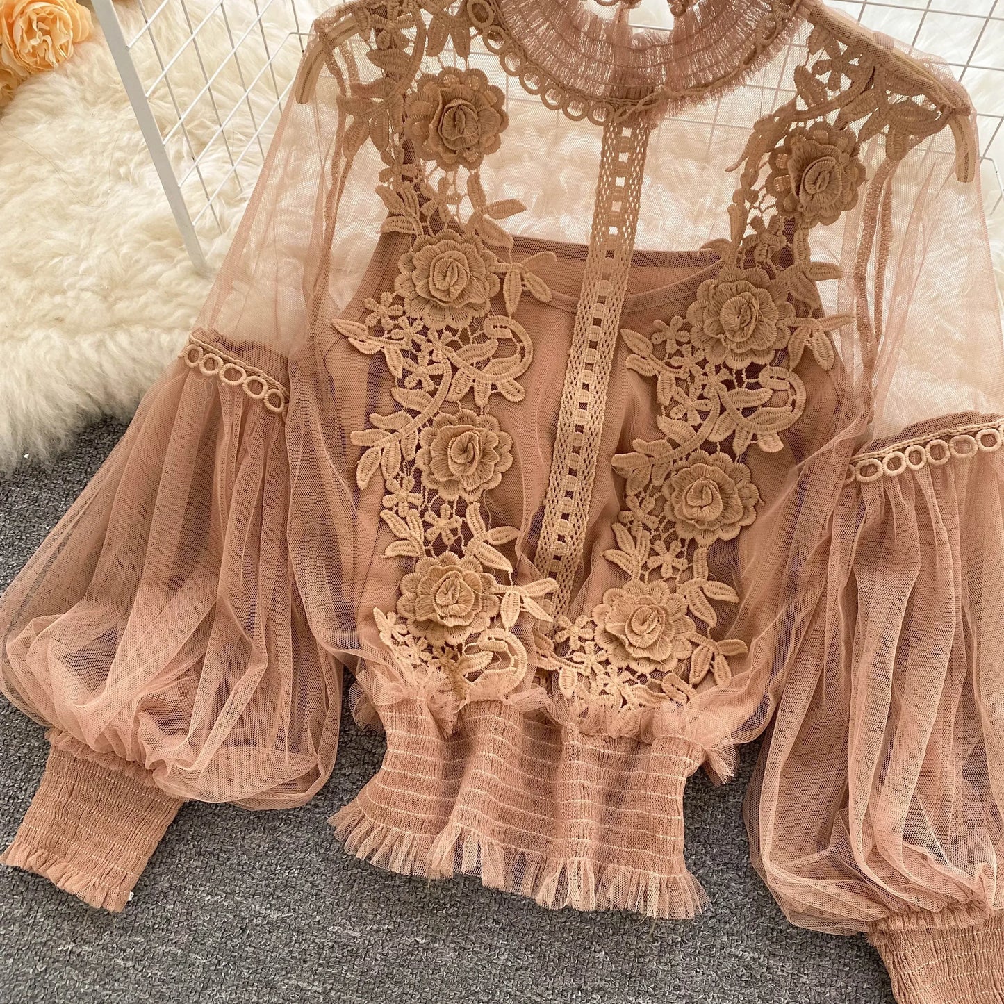 Lace See-Through Puff-Sleeve Vintage Fashion Blouse