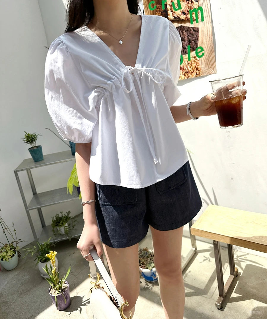 Puff Sleeve Women's Businesswear Casual Lace-Up Shirt