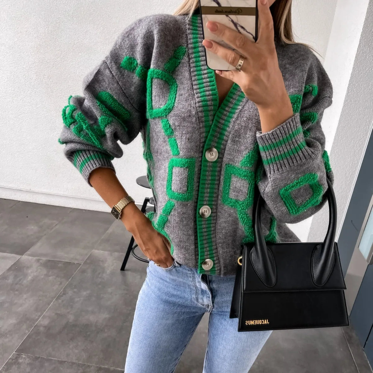 Vireous Jacquard Knitted Women's Cardigan Coat, Candy Colours