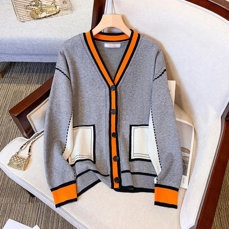 Vireous Women's Oversize Cardigan Sweater, Hermes Orange and Grey