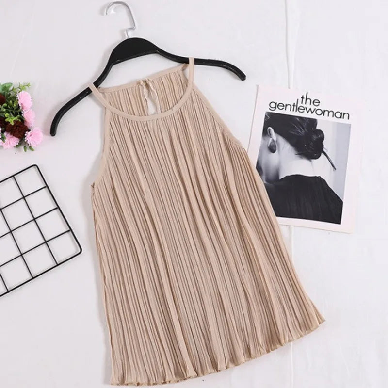 Vireous Summer Sleeveless Ribbed Chiffon Camisole Top