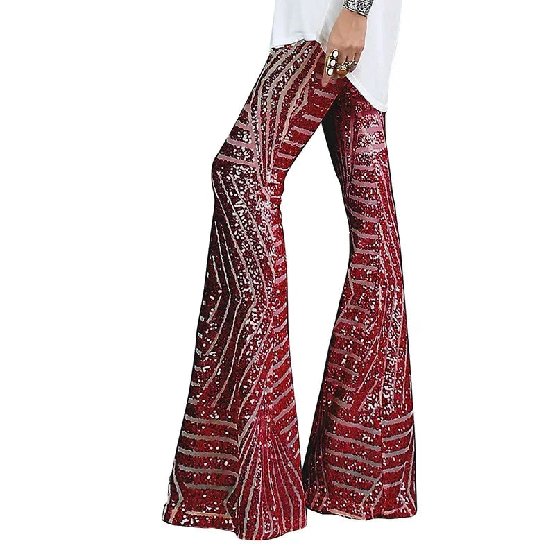 Vireous Women's Sparkling Sequin Slacks, Loose Mid-Waist Trousers