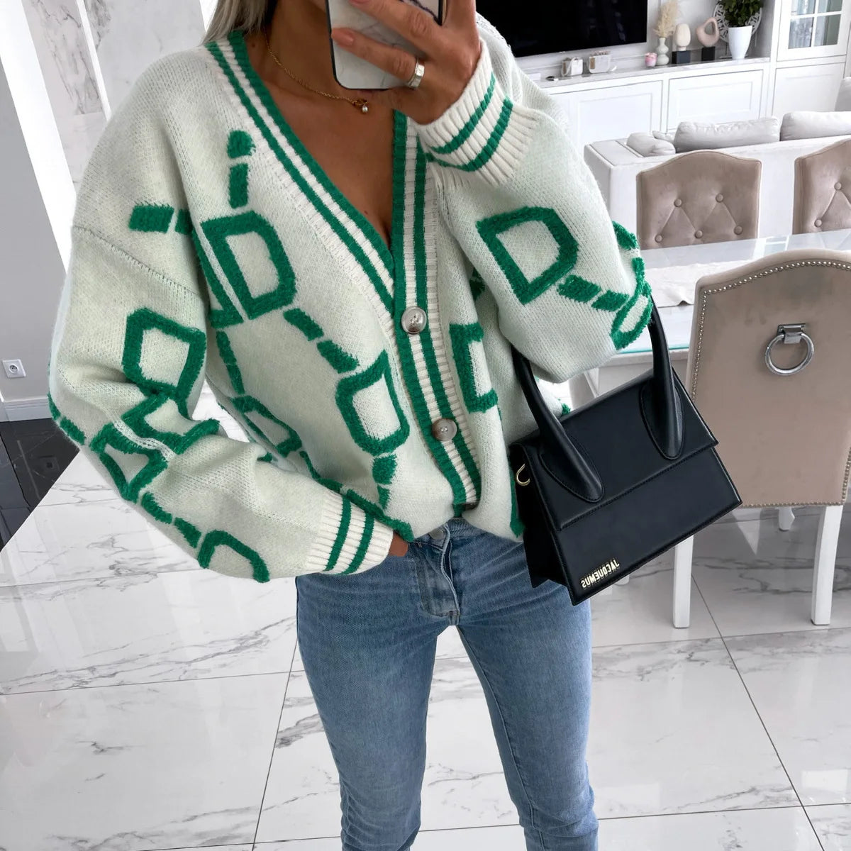 Vireous Jacquard Knitted Women's Cardigan Coat, Candy Colours
