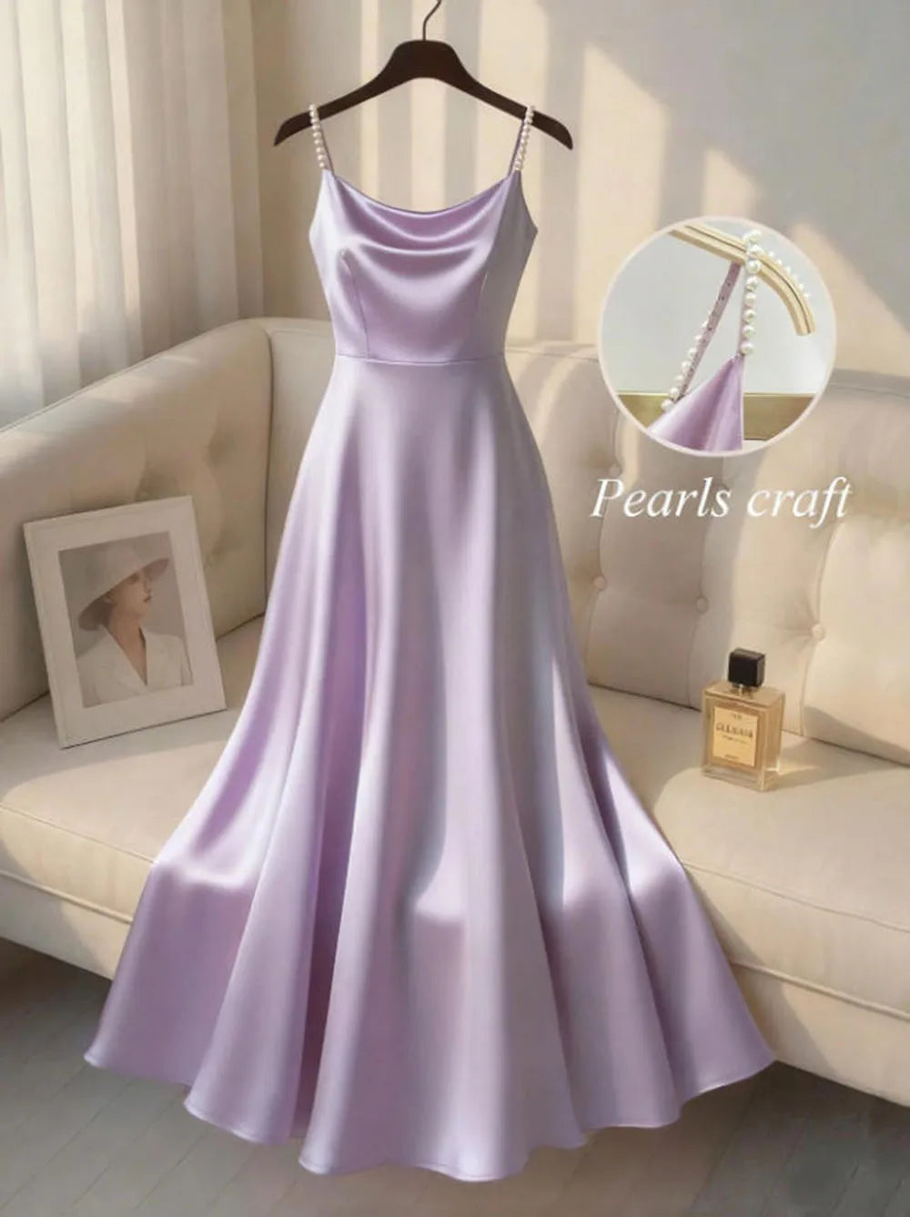 Vireous Pearl-Beaded Strap Satin Slip Retro Dress, Elegant Summer Evening Dress