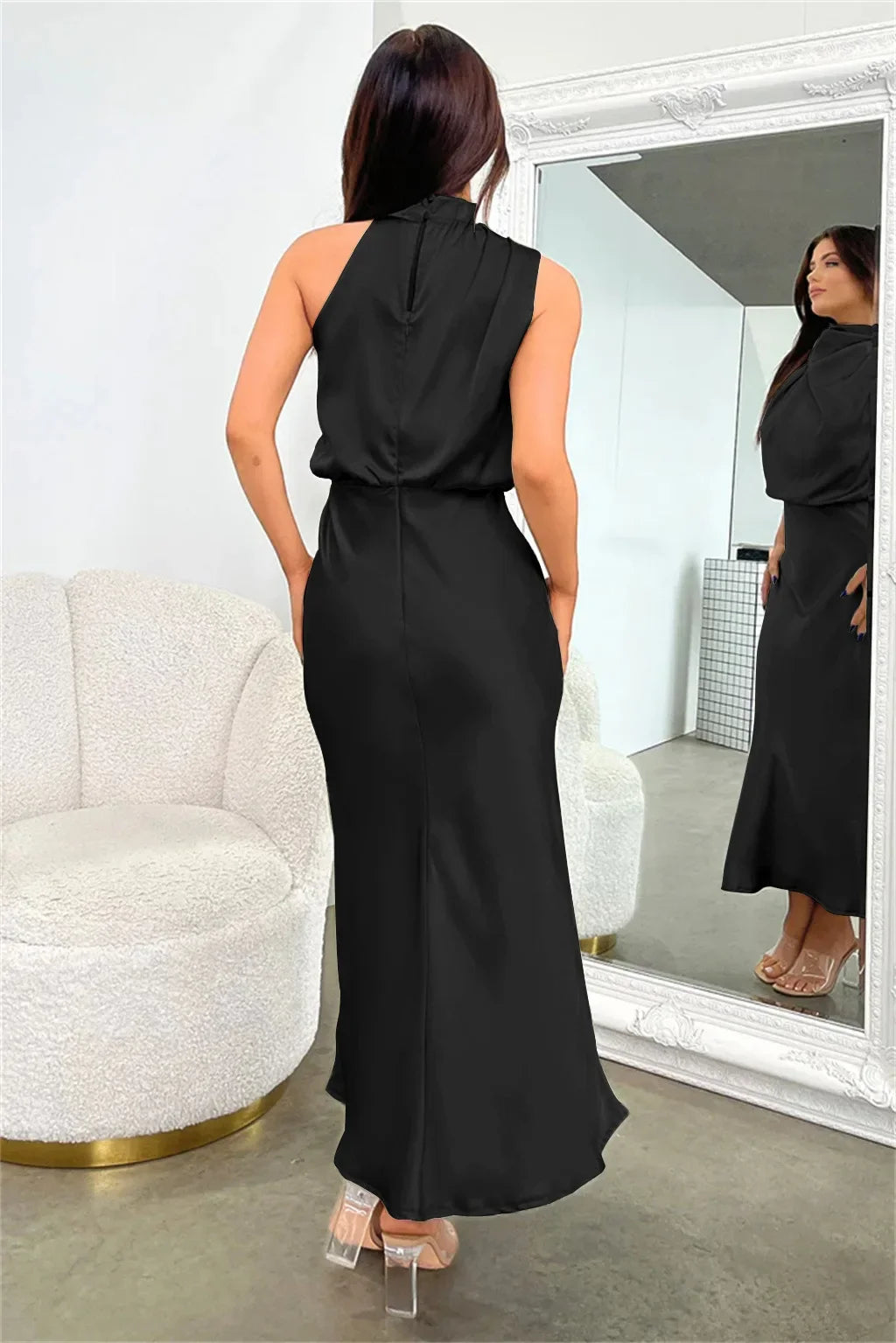 Vireous Summer Silk Satin Sleeveless Long Dress, Draped Bodice