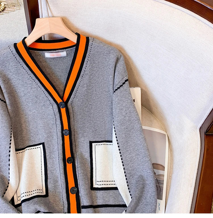 Vireous Women's Oversize Cardigan Sweater, Hermes Orange and Grey