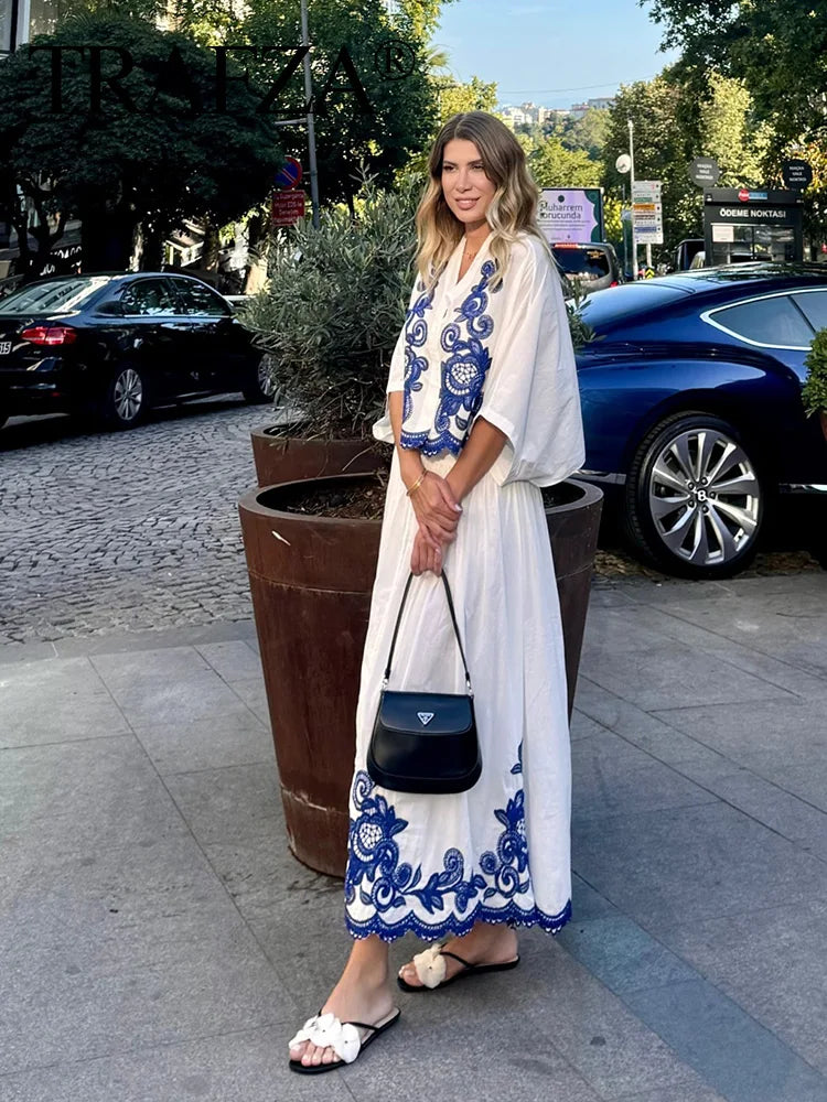 Bohemian-Style White and Blue Embroidered Two-Piece Women's Summer Set