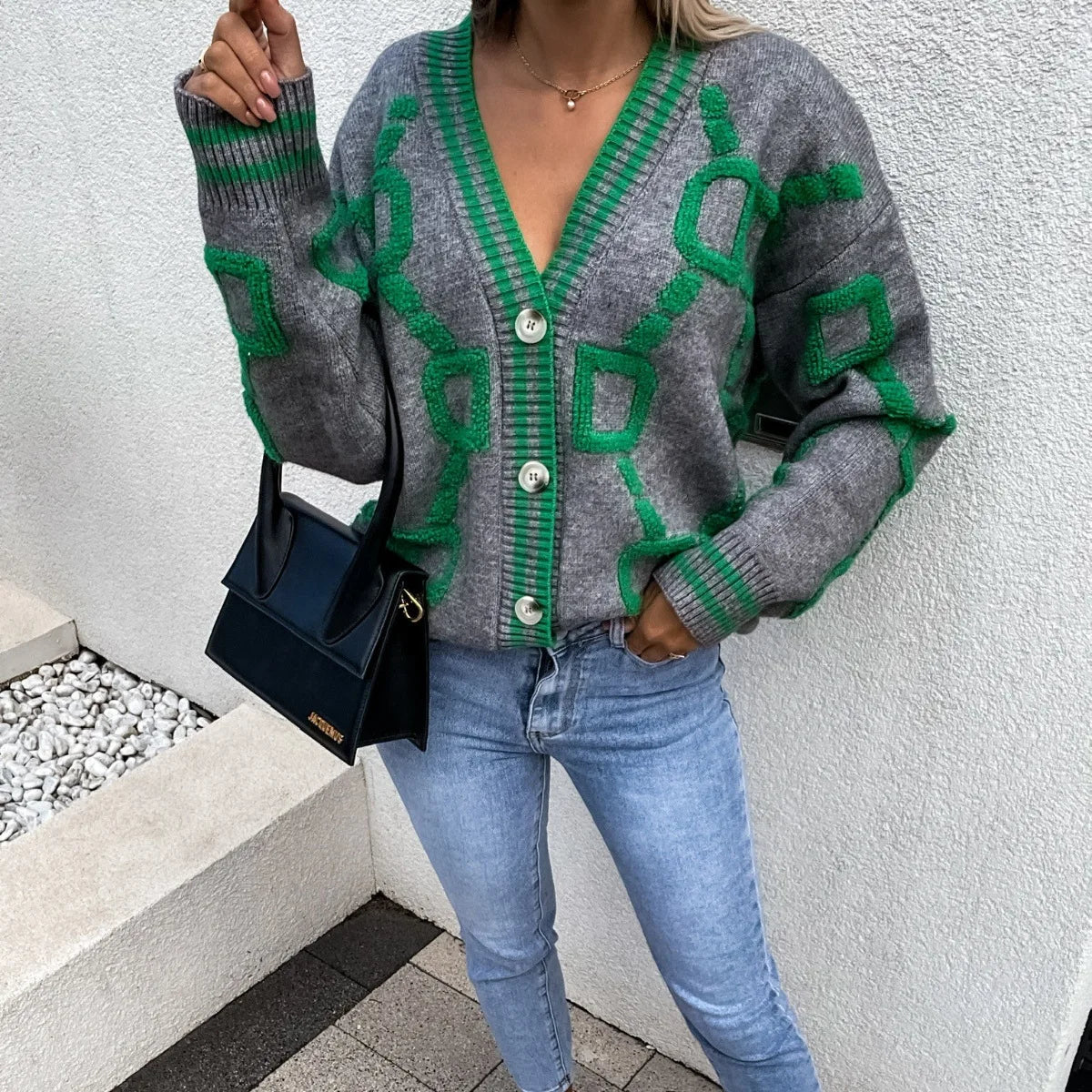 Vireous Jacquard Knitted Women's Cardigan Coat, Candy Colours