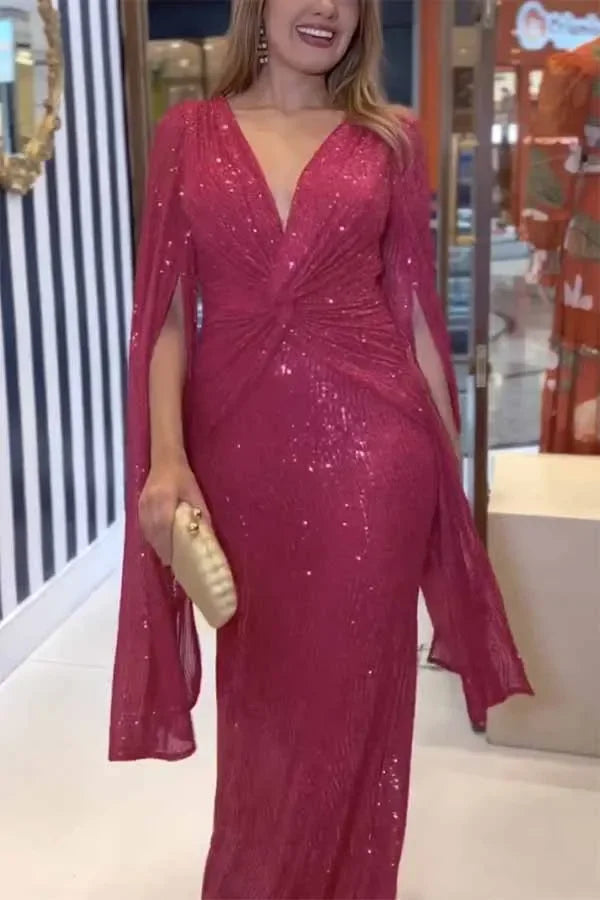 Elegant Sequin Evening Dress, V-Neck Cloak Sleeves