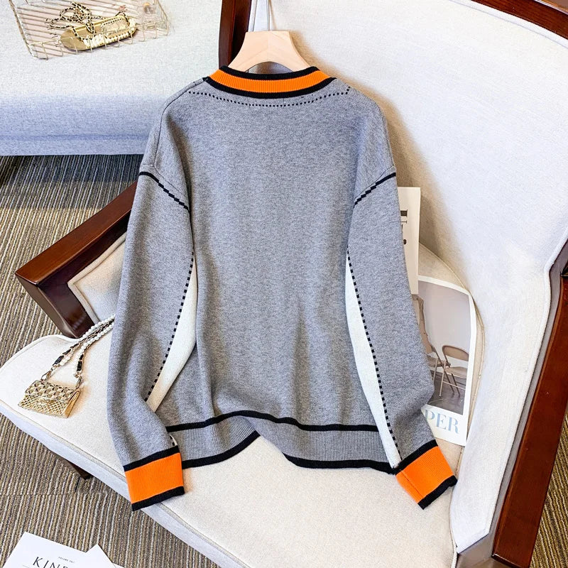 Vireous Women's Oversize Cardigan Sweater, Hermes Orange and Grey