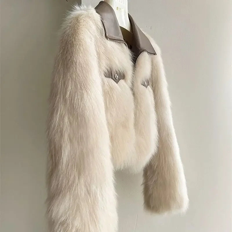 Vireous Polo Collar Women's Faux Fur Bomber Jacket, Spring and Autumn Collection