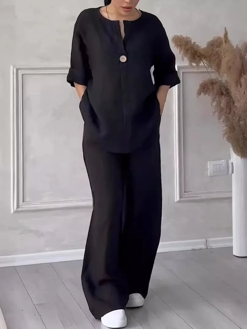Women's Cotton and Linen Round-Neck Summer Short-Sleeves Pants Suit