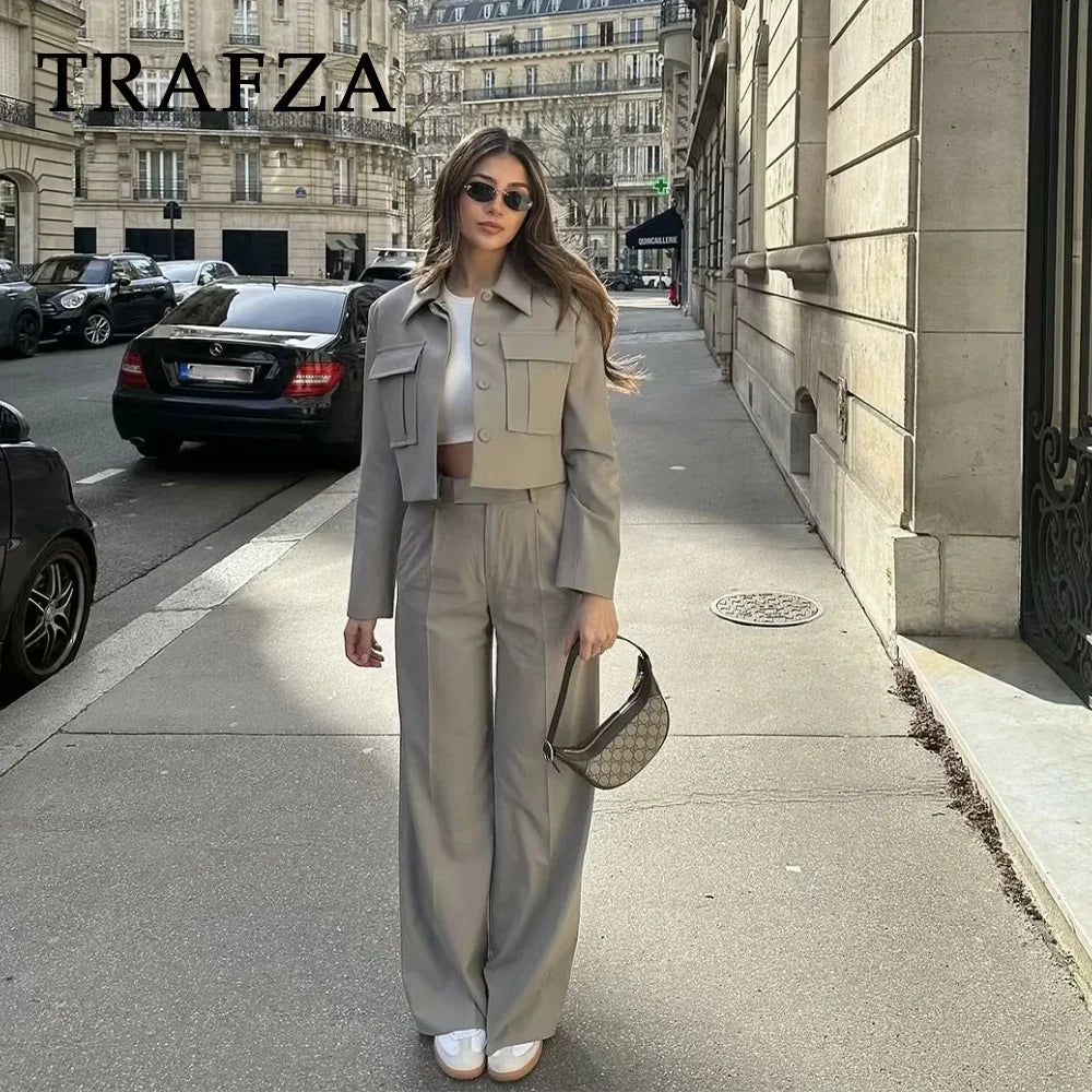 TRAFZA© Women's Pants Suit, Fashion Streetwear Wide-Leg Pants
