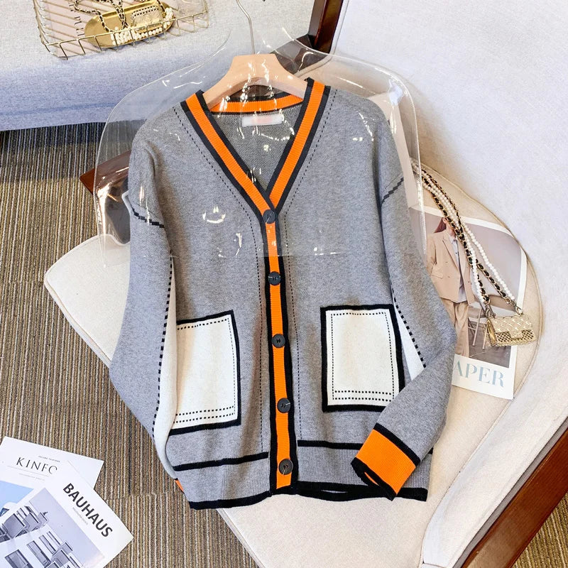 Vireous Women's Oversize Cardigan Sweater, Hermes Orange and Grey