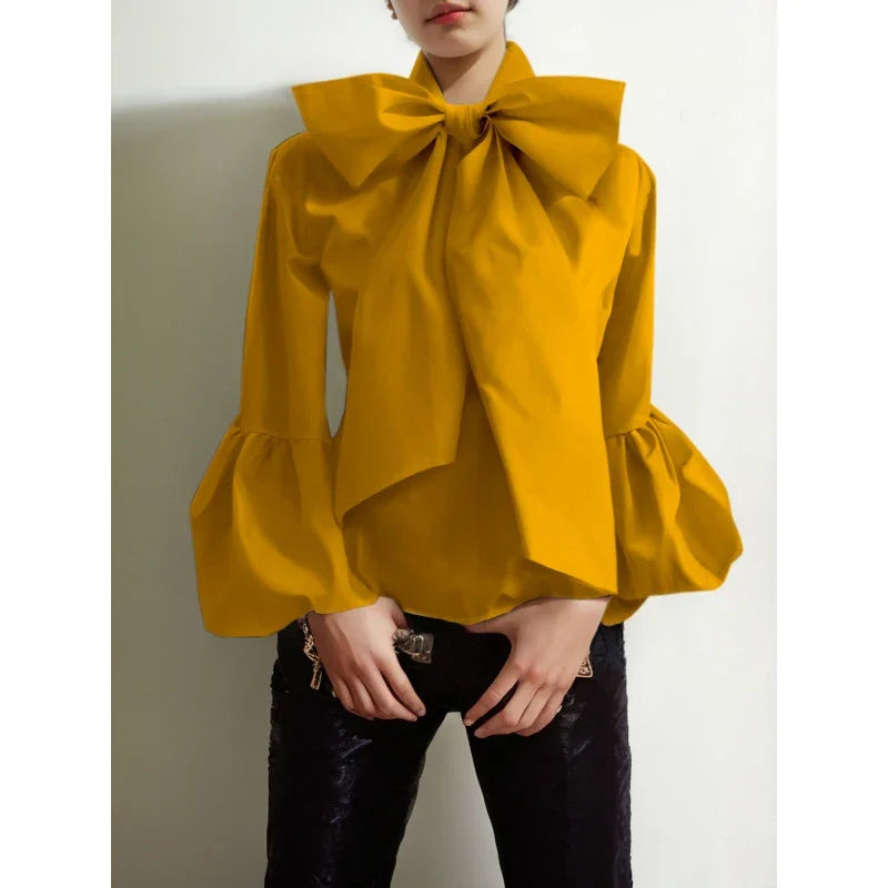 Vireous Bowknot High Collar Women's Tuxedo Shirt