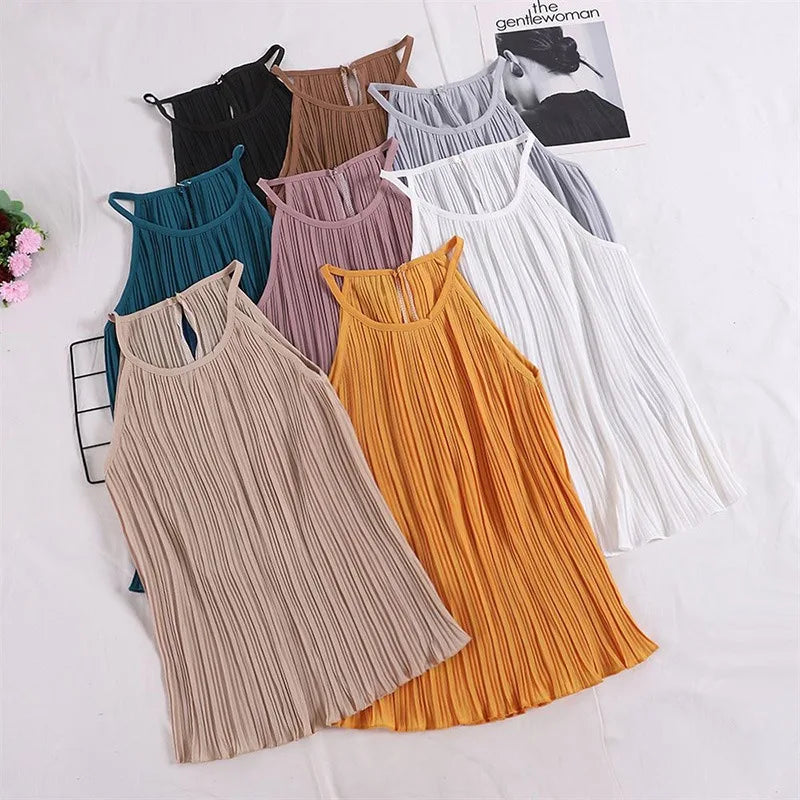 Vireous Summer Sleeveless Ribbed Chiffon Camisole Top