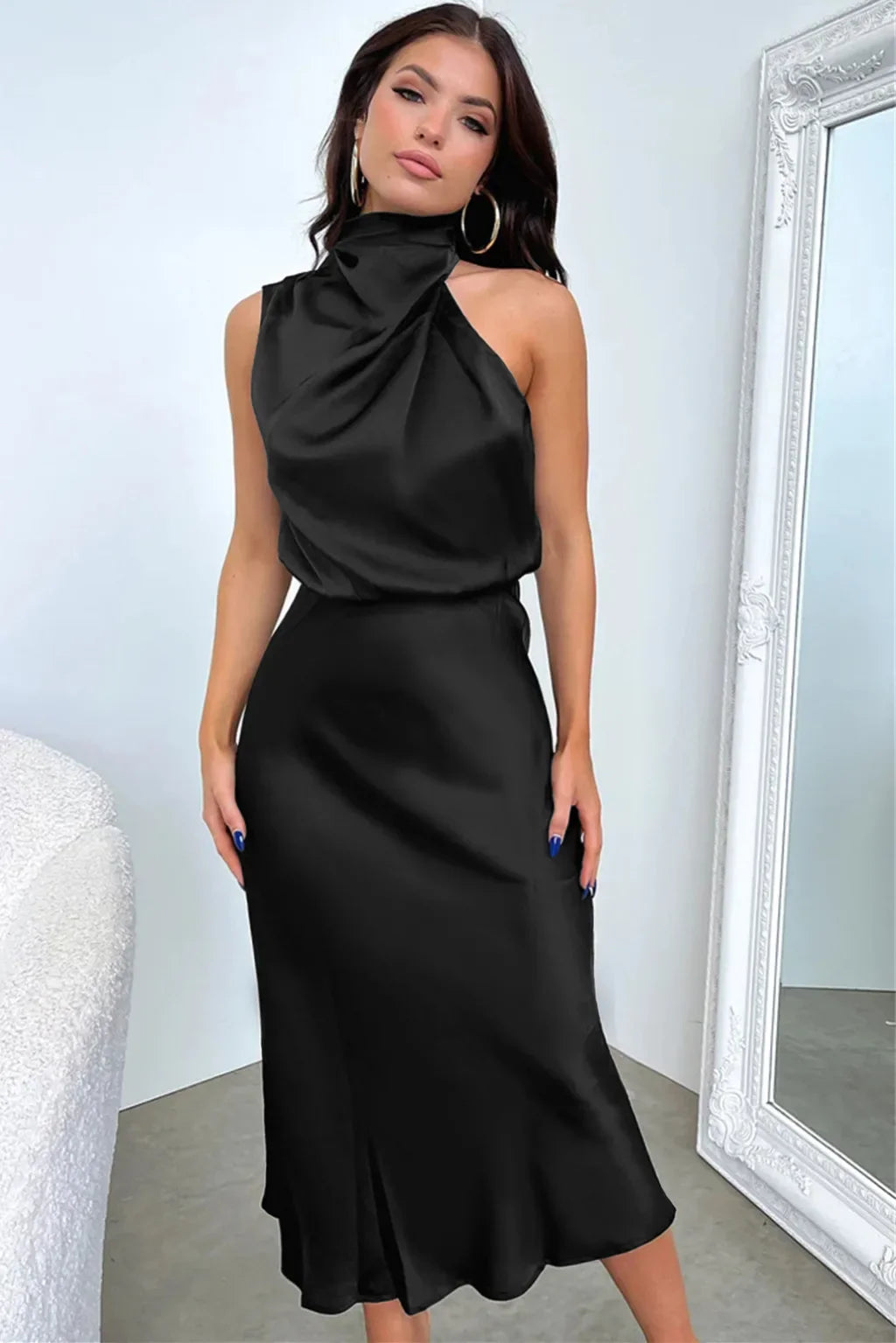 Vireous Summer Silk Satin Sleeveless Long Dress, Draped Bodice