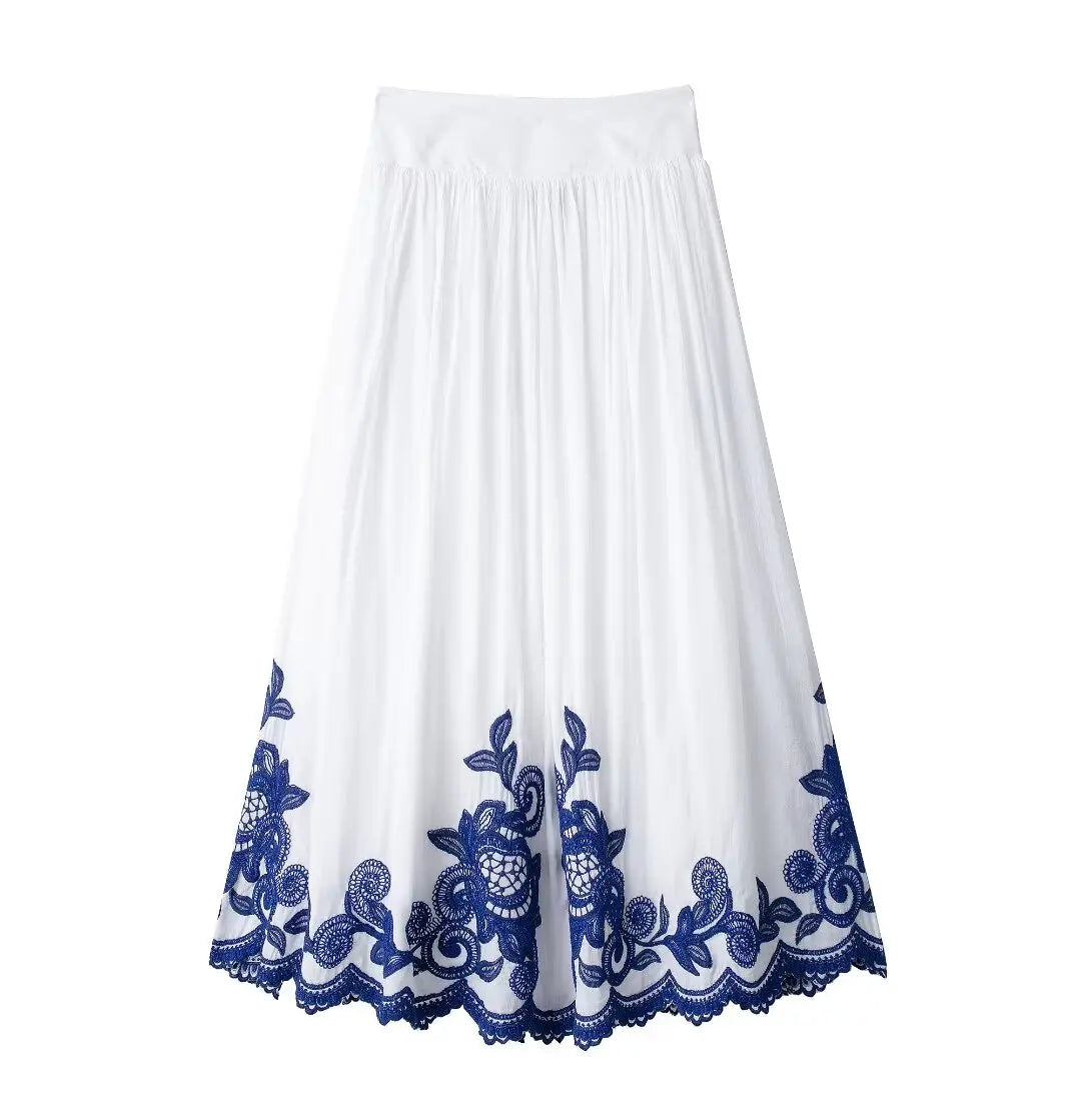 Bohemian-Style White and Blue Embroidered Two-Piece Women's Summer Set