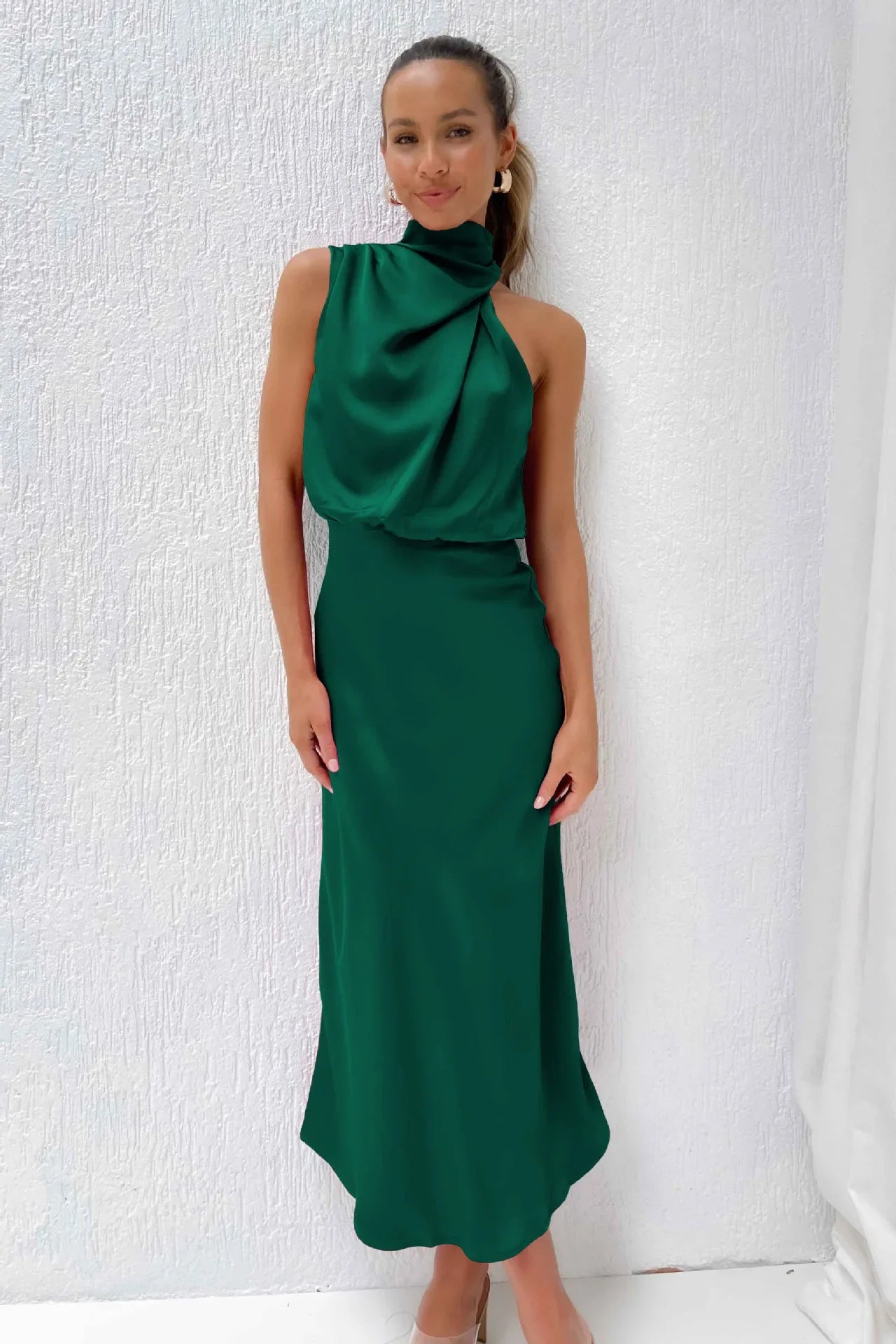 Vireous Summer Silk Satin Sleeveless Long Dress, Draped Bodice
