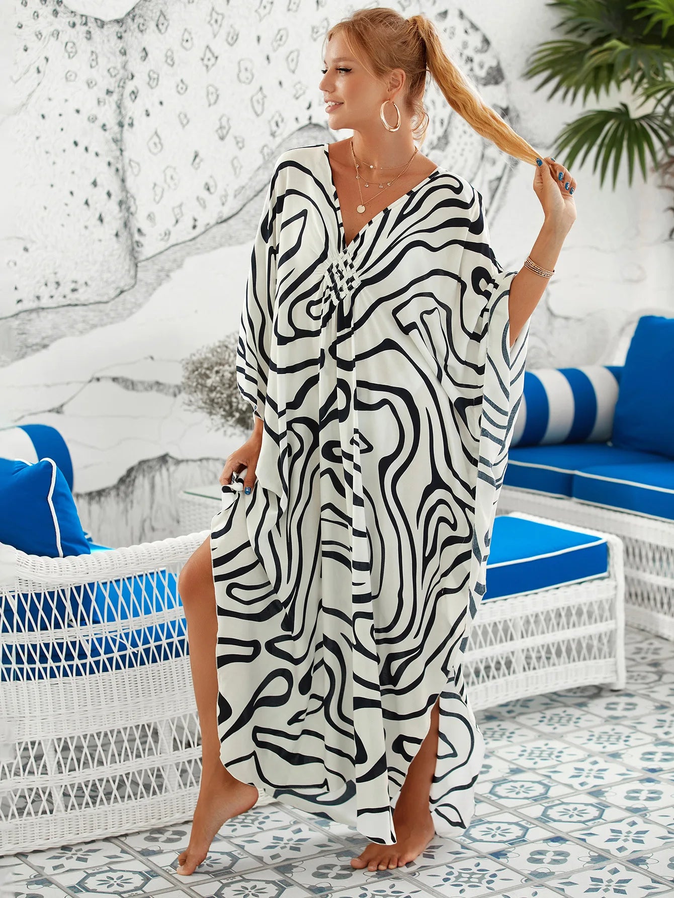 Zebra Print Kaftan Dress, Oversize Beach Dress
