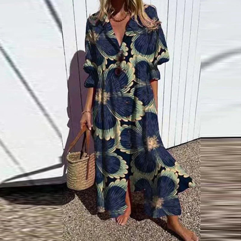 Women's Bright Vibrant Circle Print Long Dress, Plus Sizes
