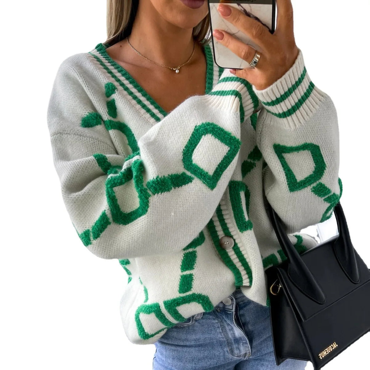 Vireous Jacquard Knitted Women's Cardigan Coat, Candy Colours