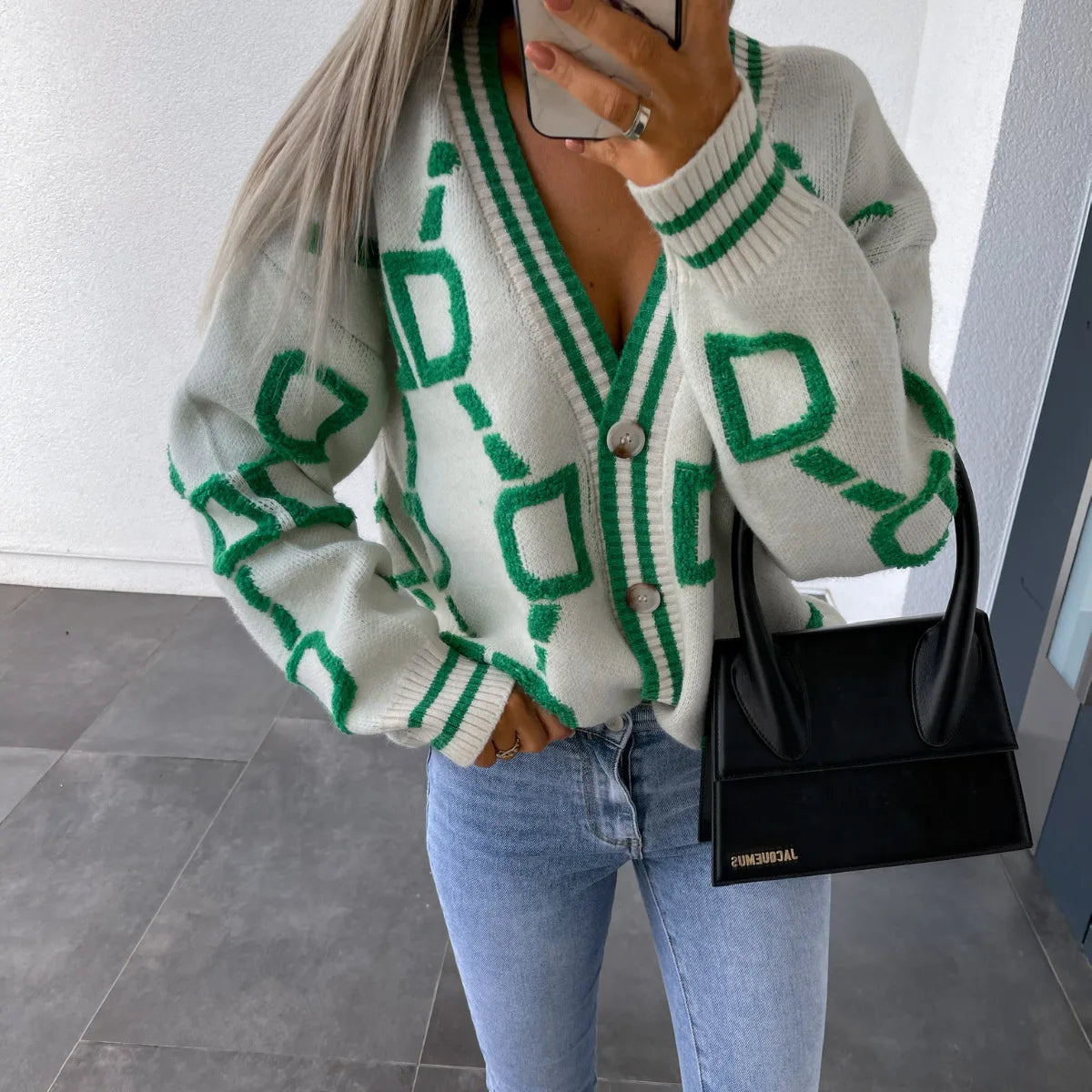 Vireous Jacquard Knitted Women's Cardigan Coat, Candy Colours