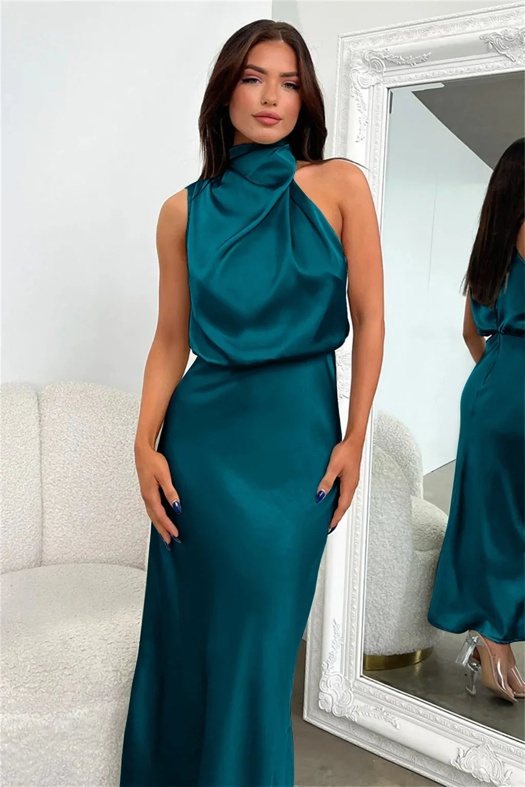 Vireous Summer Silk Satin Sleeveless Long Dress, Draped Bodice