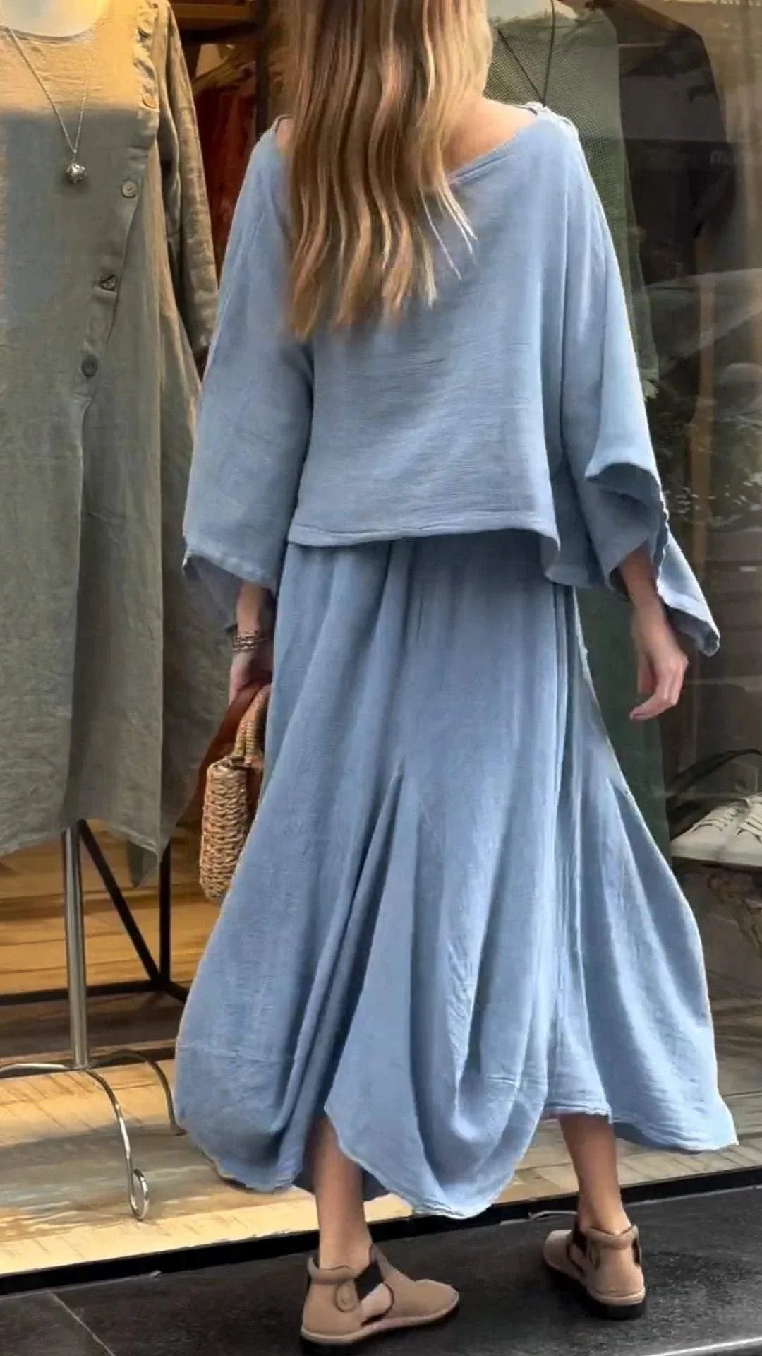 Linen Fashion Bell Sleeve Women's Top and Skirt Two-Piece, Plus Sizes