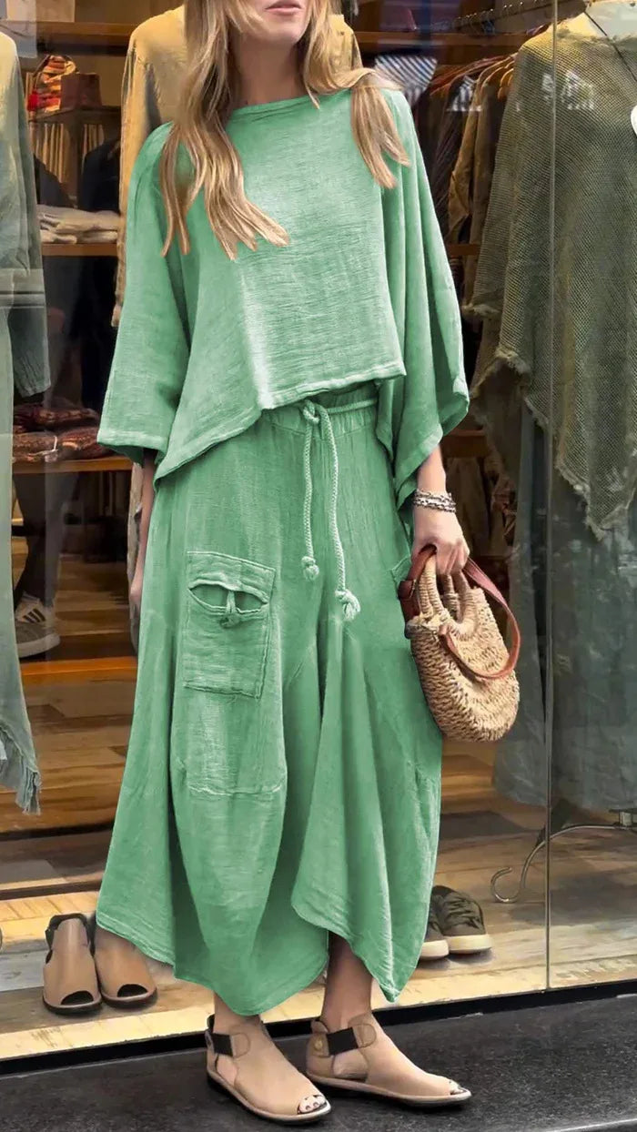 Linen Fashion Bell Sleeve Women's Top and Skirt Two-Piece, Plus Sizes