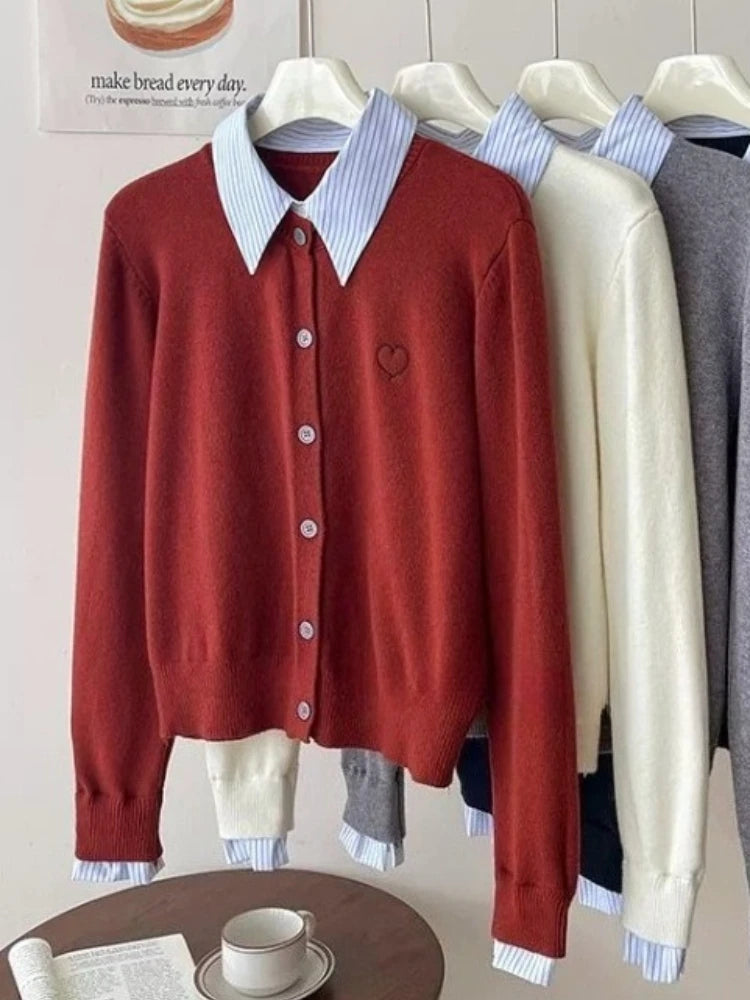 Vireous French-Style Polo Collar Fake-Two Piece Cardigan