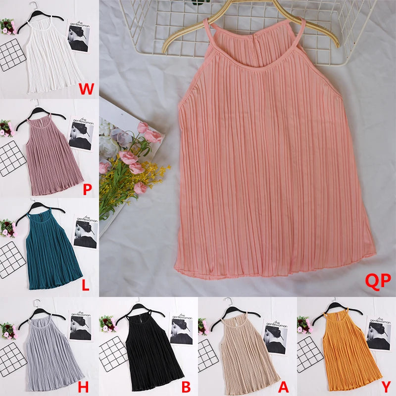 Vireous Summer Sleeveless Ribbed Chiffon Camisole Top