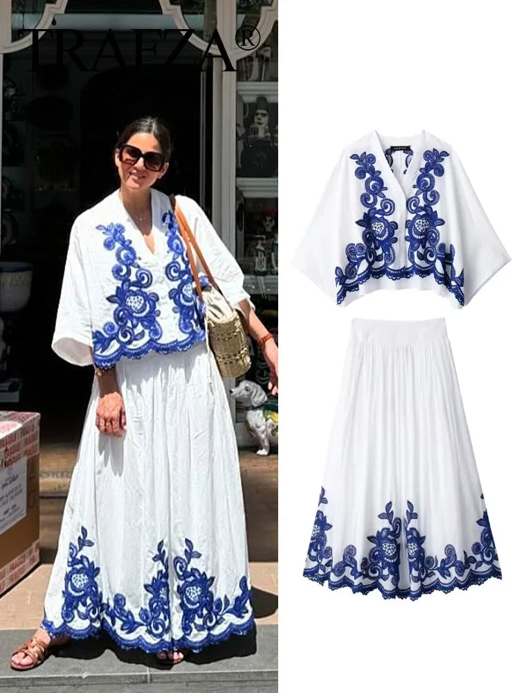 Bohemian-Style White and Blue Embroidered Two-Piece Women's Summer Set