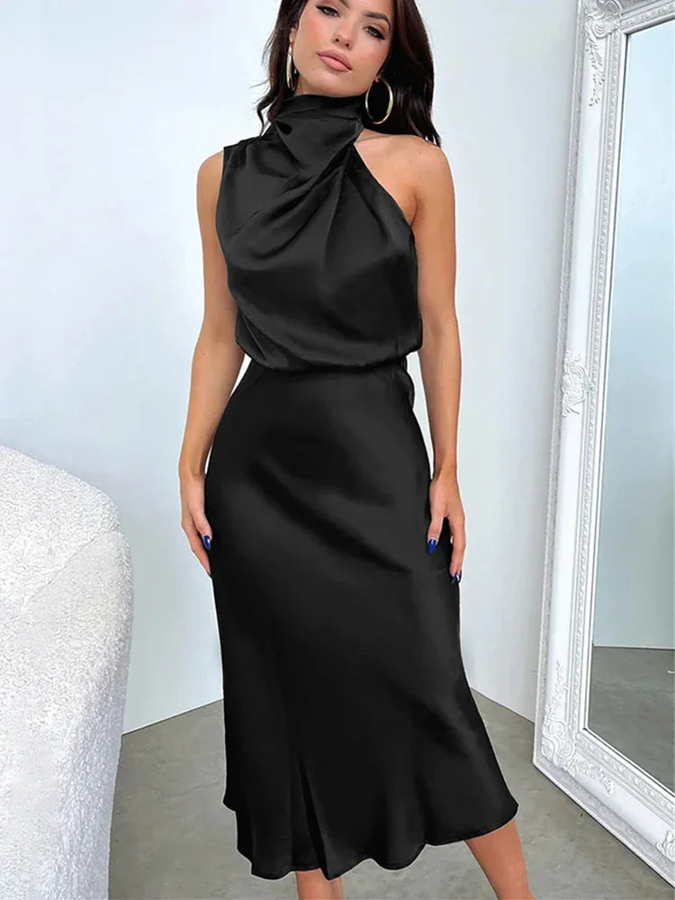 Vireous Summer Silk Satin Sleeveless Long Dress, Draped Bodice