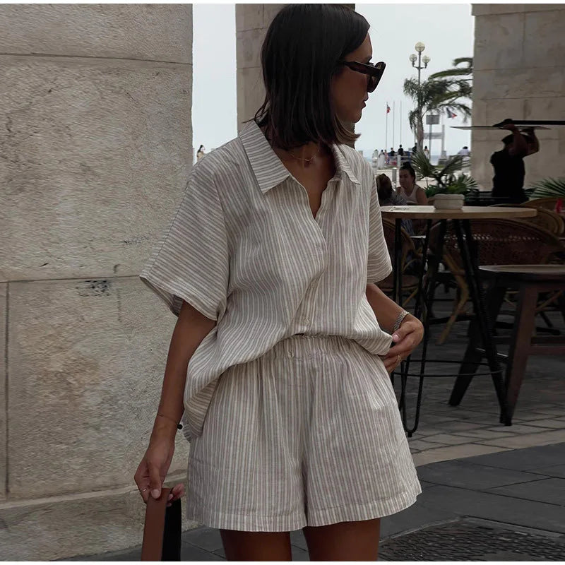 Cotton Linen Women's Two-Piece Summer Shorts Set, Plus Sizes