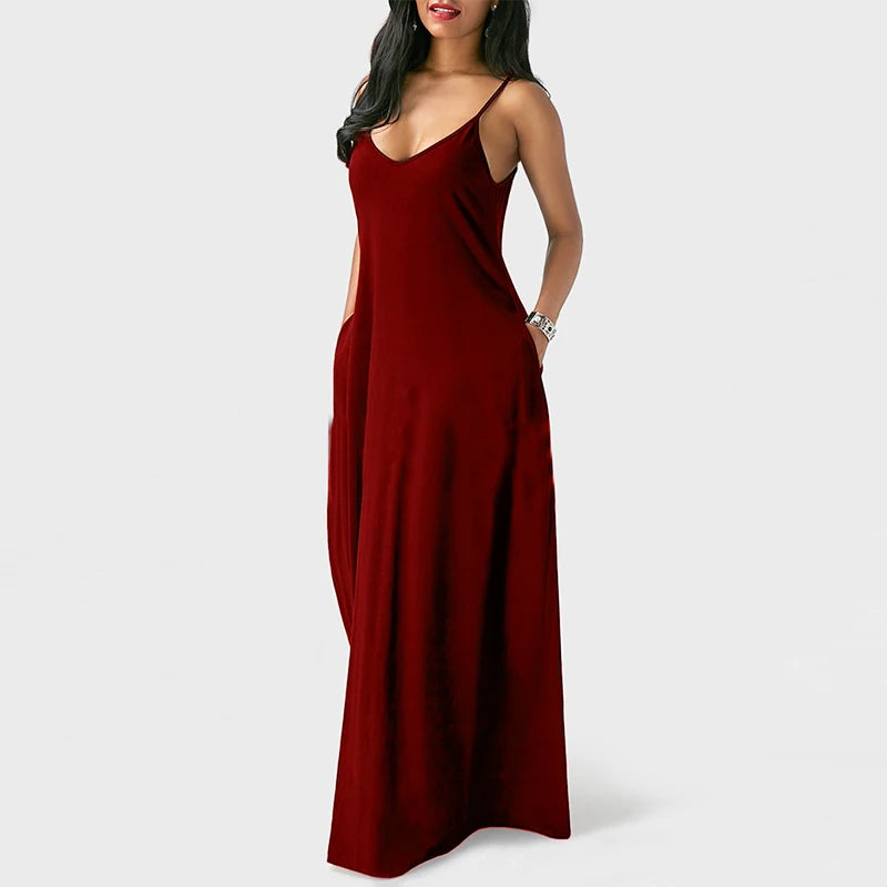 Women's Pocket Classic Long Spaghetti-Strap Dress, Multi Colours
