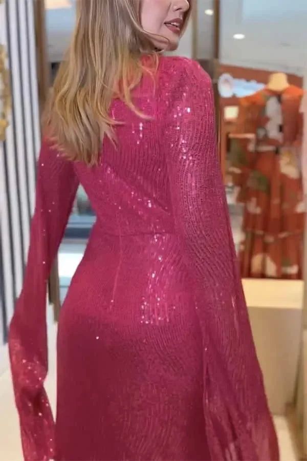 Elegant Sequin Evening Dress, V-Neck Cloak Sleeves