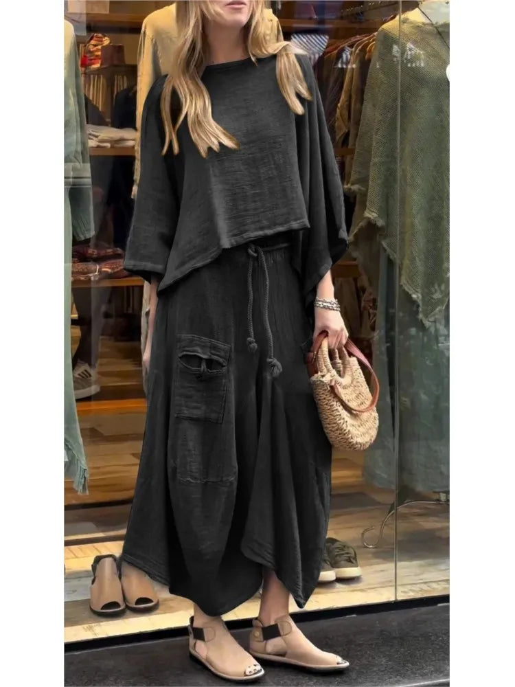 Linen Fashion Bell Sleeve Women's Top and Skirt Two-Piece, Plus Sizes