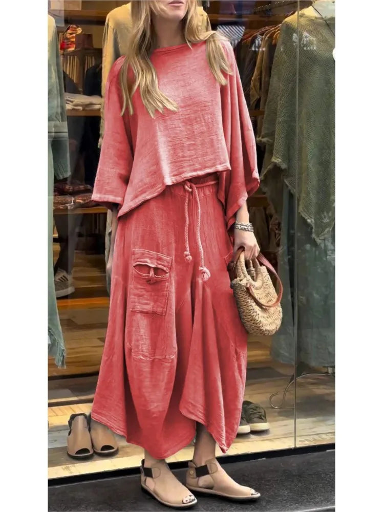 Linen Fashion Bell Sleeve Women's Top and Skirt Two-Piece, Plus Sizes