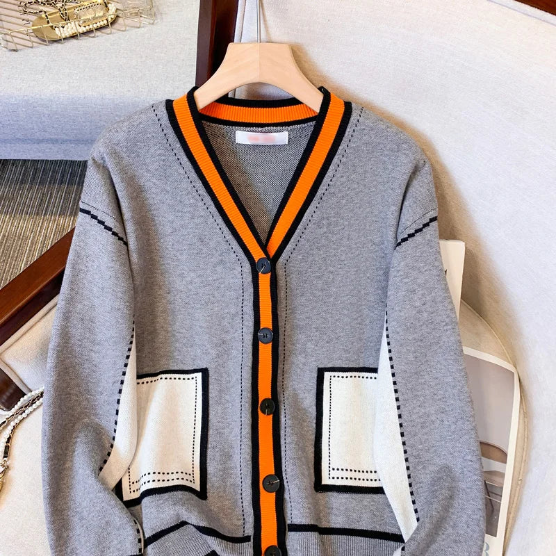 Vireous Women's Oversize Cardigan Sweater, Hermes Orange and Grey
