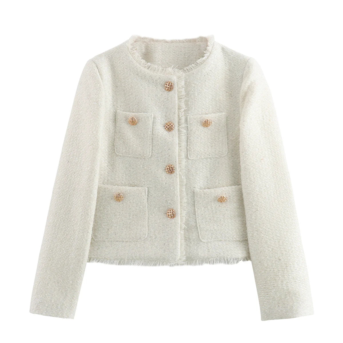 Vireous Round-Neck Simple Tweed Jacket, Multi Colours
