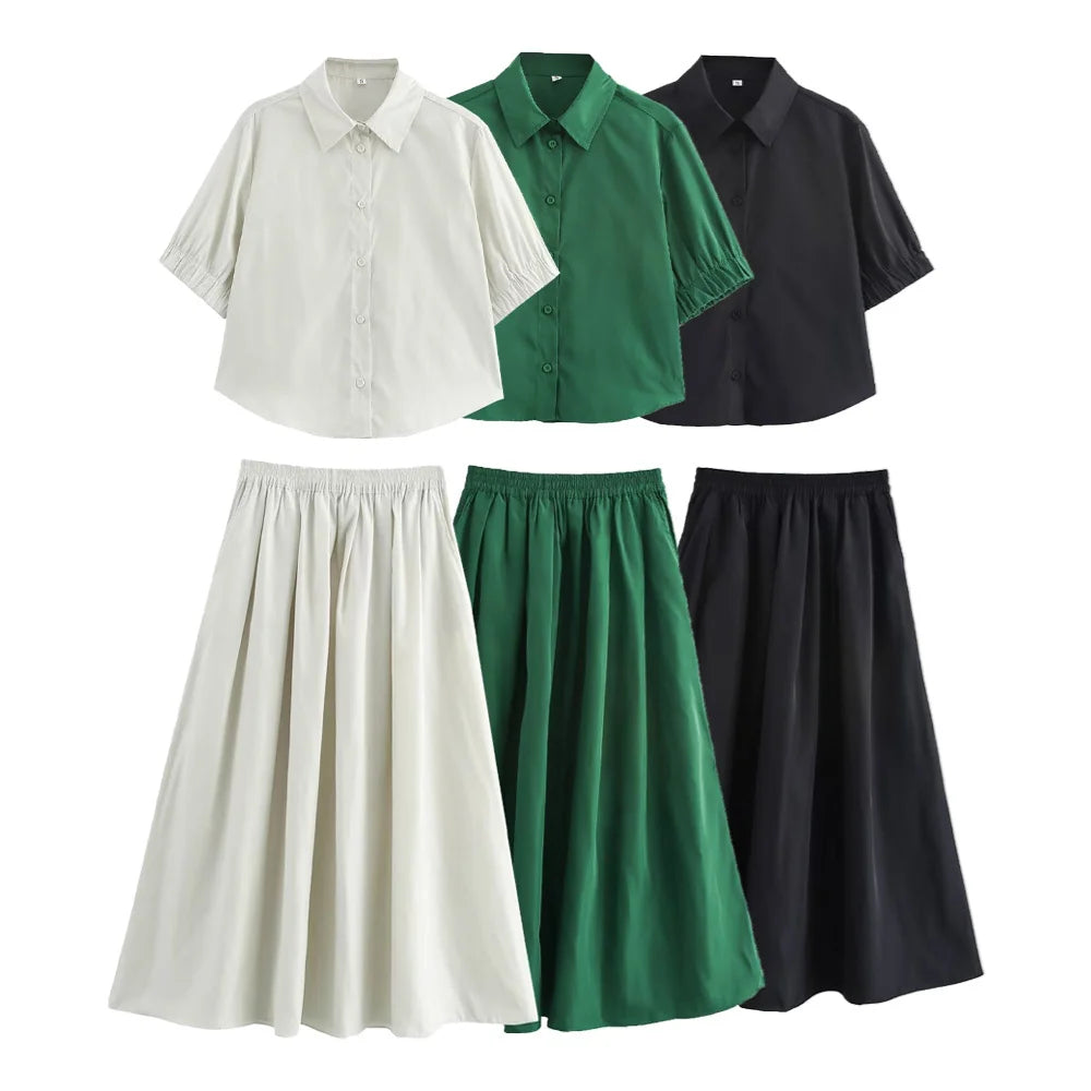 Women's Fashion Casual Swing Midi Skirt and Top, Two Piece Set