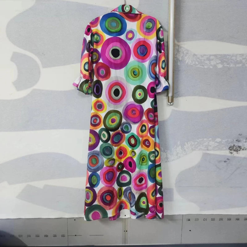 Women's Bright Vibrant Circle Print Long Dress, Plus Sizes