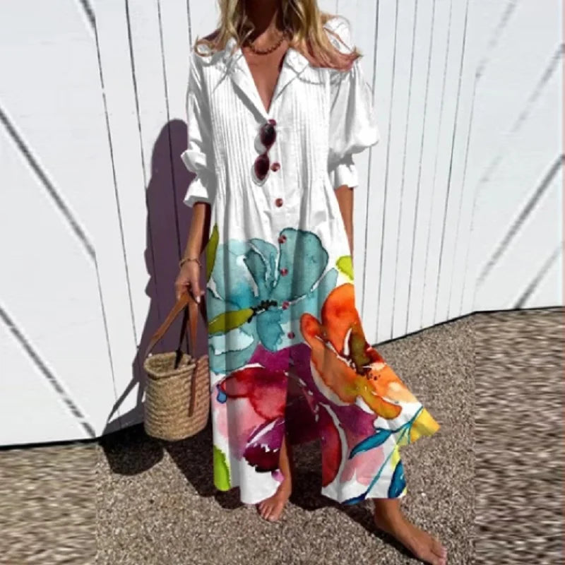 Women's Bright Vibrant Circle Print Long Dress, Plus Sizes