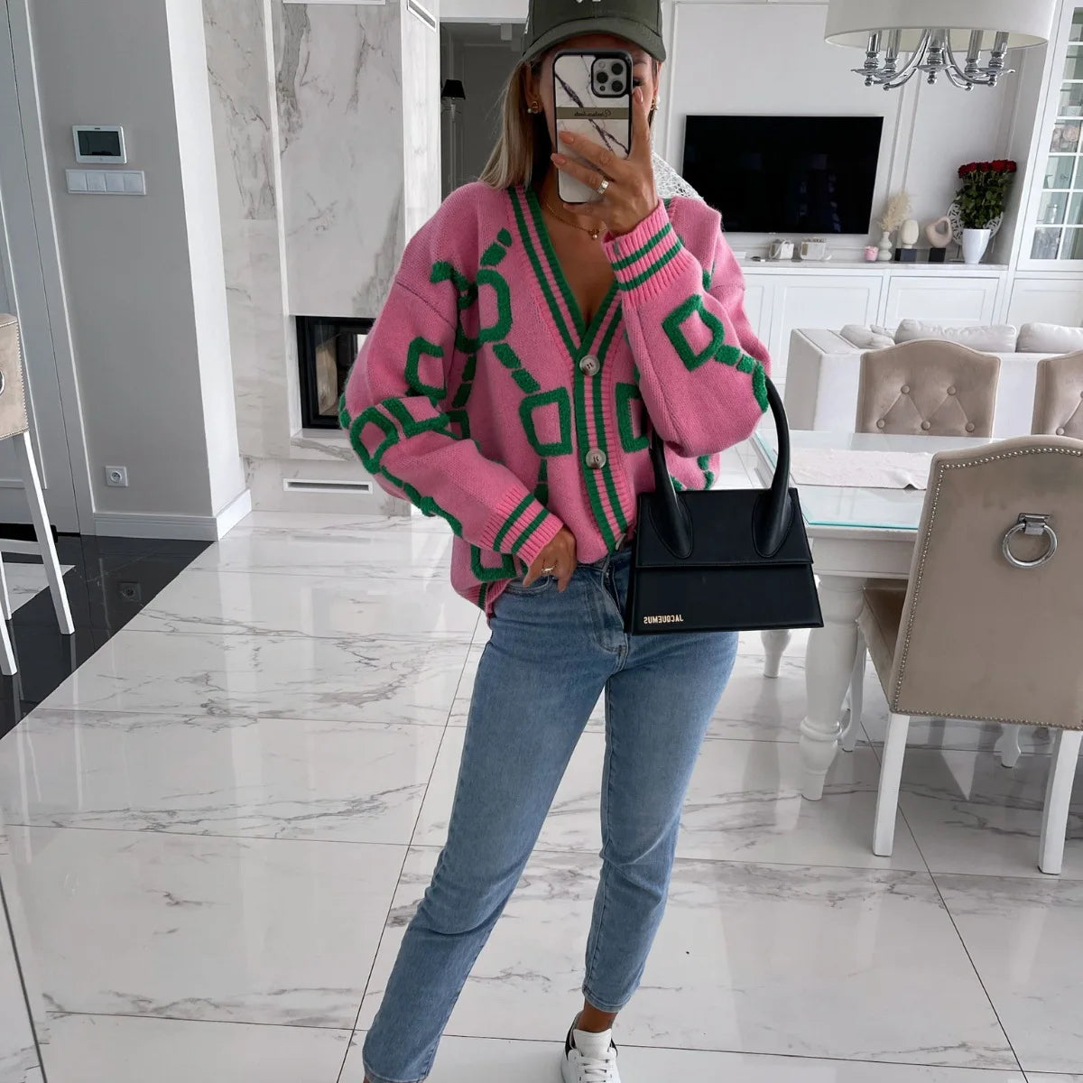 Vireous Jacquard Knitted Women's Cardigan Coat, Candy Colours